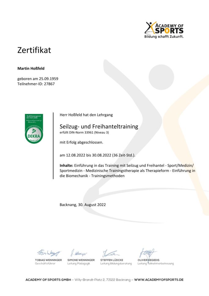 Zertifikat Trainer Seilzugtraining reihanteltraining 